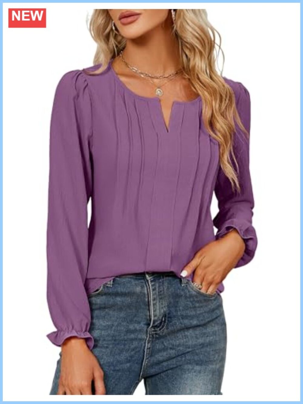 Womens Long Sleeve V-Neck Pleated Chiffon Blouse Ruffled Cuff Work Top